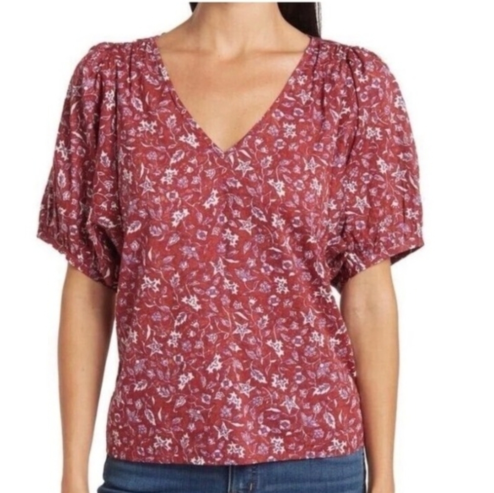 Madewell | Brick Red Floral Print V Neck Balloon Sleeves Top Size Medium